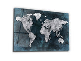・"World Map Dark Blue Silver"・Glass Wall Art - Wonders Of Wall